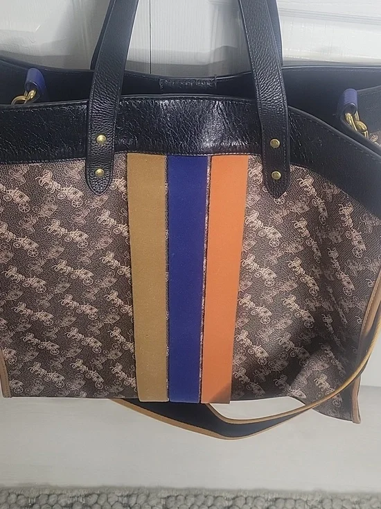 Coach Xtra Large Field Tote Monogram Tote with Blue, Orange & Mustard Stripes - Picture 6 of 12